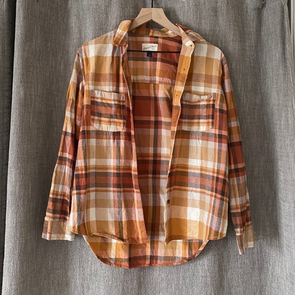 Universal Thread Orange Plaid Button Up Long Slee… - image 4